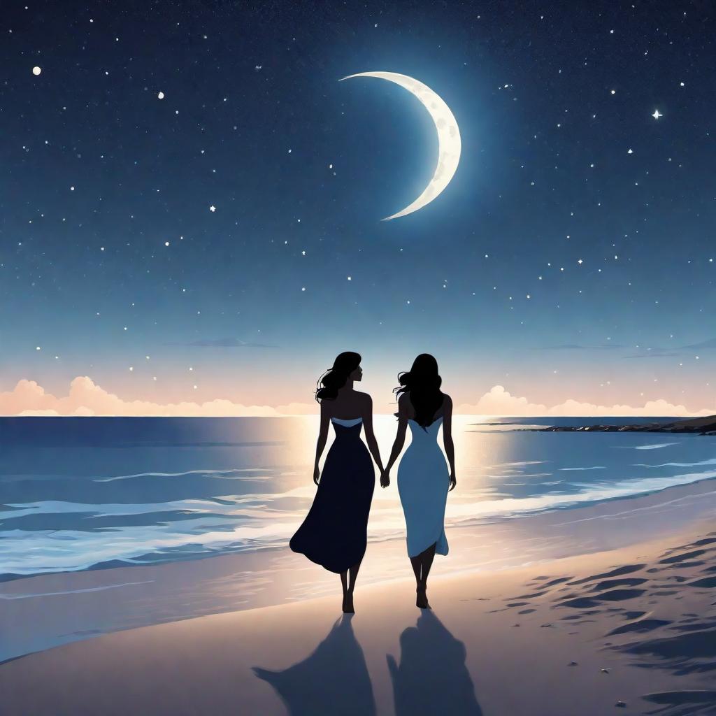  An animated cartoon-style image of a woman and a the beach at night under the moon and stars. They should be shown in a peaceful and serene setting, with the woman resembling a mother figure and the as her . Both characters are looking up at the sky, which is filled with stars and a prominently featured moon casting a gentle glow on them. The style should be warm and endearing, capturing the essence of a precious moment shared between the two. hyperrealistic, full body, detailed clothing, highly detailed, cinematic lighting, stunningly beautiful, intricate, sharp focus, f/1. 8, 85mm, (centered image composition), (professionally color graded), ((bright soft diffused light)), volumetric fog, trending on instagram, trending on tumblr, HDR 4K, 8K