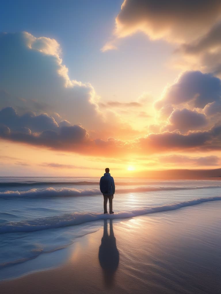  The sky is the sky, the sunset is visible, and on the beach, the young man is looking up, the back of the sunset., masterpiece, best quality,8k,ultra detailed,high resolution,an extremely delicate and beautiful,hyper detail