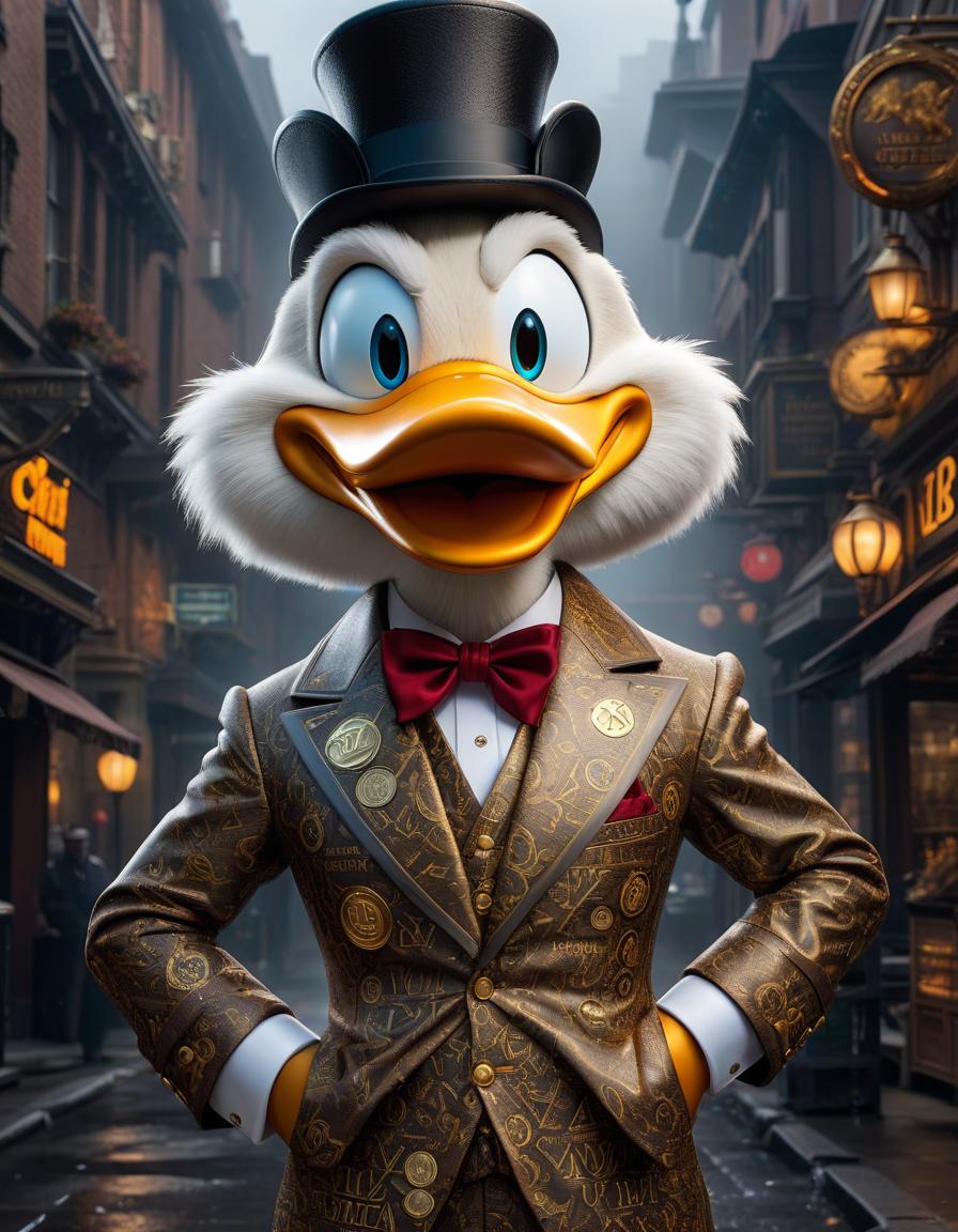  typographic art Scrooge McDuck is a Bitcoin millionaire, in a Louis Vuitton suit. . stylized, intricate, detailed, artistic, text based hyperrealistic, full body, detailed clothing, highly detailed, cinematic lighting, stunningly beautiful, intricate, sharp focus, f/1. 8, 85mm, (centered image composition), (professionally color graded), ((bright soft diffused light)), volumetric fog, trending on instagram, trending on tumblr, HDR 4K, 8K