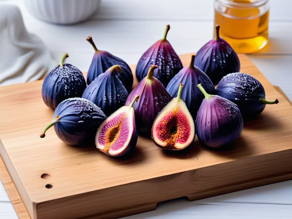  An ultradetailed closeup image of ripe, plump figs arranged in a perfect circle on a rustic wooden cutting board, showcasing their vibrant purple skin, delicate seeds, and a small droplet of honey glistening on top, all under a soft, natural light that enhances the fruit's texture and color. hyperrealistic, full body, detailed clothing, highly detailed, cinematic lighting, stunningly beautiful, intricate, sharp focus, f/1. 8, 85mm, (centered image composition), (professionally color graded), ((bright soft diffused light)), volumetric fog, trending on instagram, trending on tumblr, HDR 4K, 8K