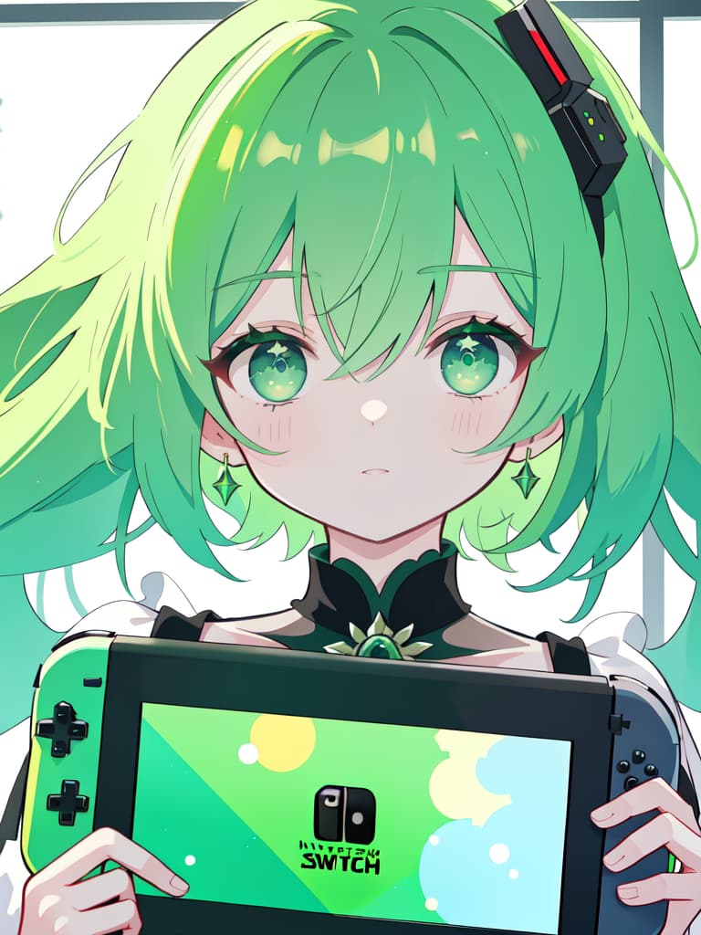  Green hair character, Nintendo Switch, masterpiece, best quality,8k,ultra detailed,high resolution,an extremely delicate and beautiful,hyper detail