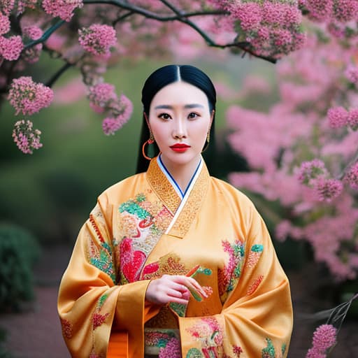 analog style Young fierce Chinese woman in traditional Chinese clothes against the background of a clearing full length hyperrealistic, full body, detailed clothing, highly detailed, cinematic lighting, stunningly beautiful, intricate, sharp focus, f/1. 8, 85mm, (centered image composition), (professionally color graded), ((bright soft diffused light)), volumetric fog, trending on instagram, trending on tumblr, HDR 4K, 8K