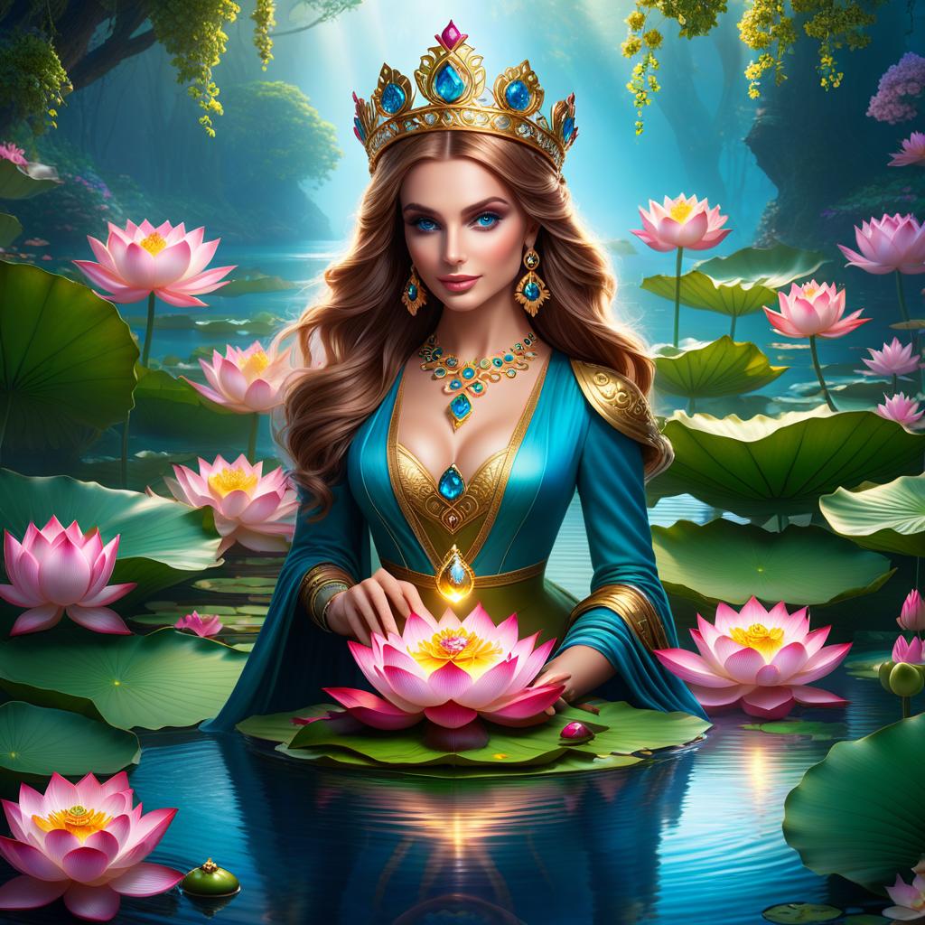  ethereal fantasy concept art of (Background): a lake with blooming lotuses of different shades: from white pink to bright crimson and leaves of tender green colour. The sky above the lake of dark blue colour with golden stars scattered on it. (Fantasy Princess Frog): in the centre of the lake on the biggest lotus flower sits a charming frog in a golden crown decorated with blue and blue precious stones. In his paws he holds a ring decorated with blue stones. Style: fantasy, Russian fairy tales, illustrations. . magnificent, celestial, ethereal, painterly, epic, majestic, magical, fantasy art, cover art, dreamy hyperrealistic, full body, detailed clothing, highly detailed, cinematic lighting, stunningly beautiful, intricate, sharp focus, f/1. 8, 85mm, (centered image composition), (professionally color graded), ((bright soft diffused light)), volumetric fog, trending on instagram, trending on tumblr, HDR 4K, 8K