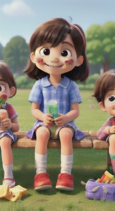  {Kids sitting around a picnic blanket, enjoying juice boxes and snacks., Children happily eating snacks, with crumbs on their faces and big smiles.