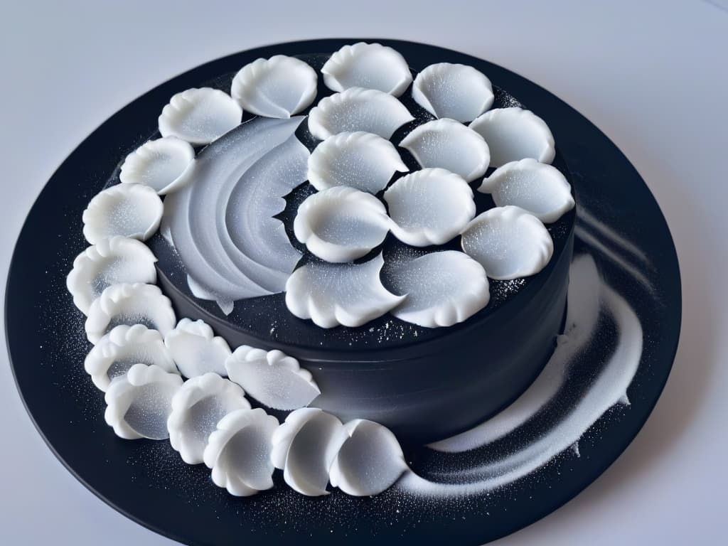  A closeup, ultradetailed image of refined white sugar crystals delicately arranged in a swirling, intricate pattern on a sleek, minimalist black plate. The crystals catch the light, creating a mesmerizing display of glimmering reflections, highlighting the purity and allure of sugar as a luxurious ingredient in modern baking. hyperrealistic, full body, detailed clothing, highly detailed, cinematic lighting, stunningly beautiful, intricate, sharp focus, f/1. 8, 85mm, (centered image composition), (professionally color graded), ((bright soft diffused light)), volumetric fog, trending on instagram, trending on tumblr, HDR 4K, 8K