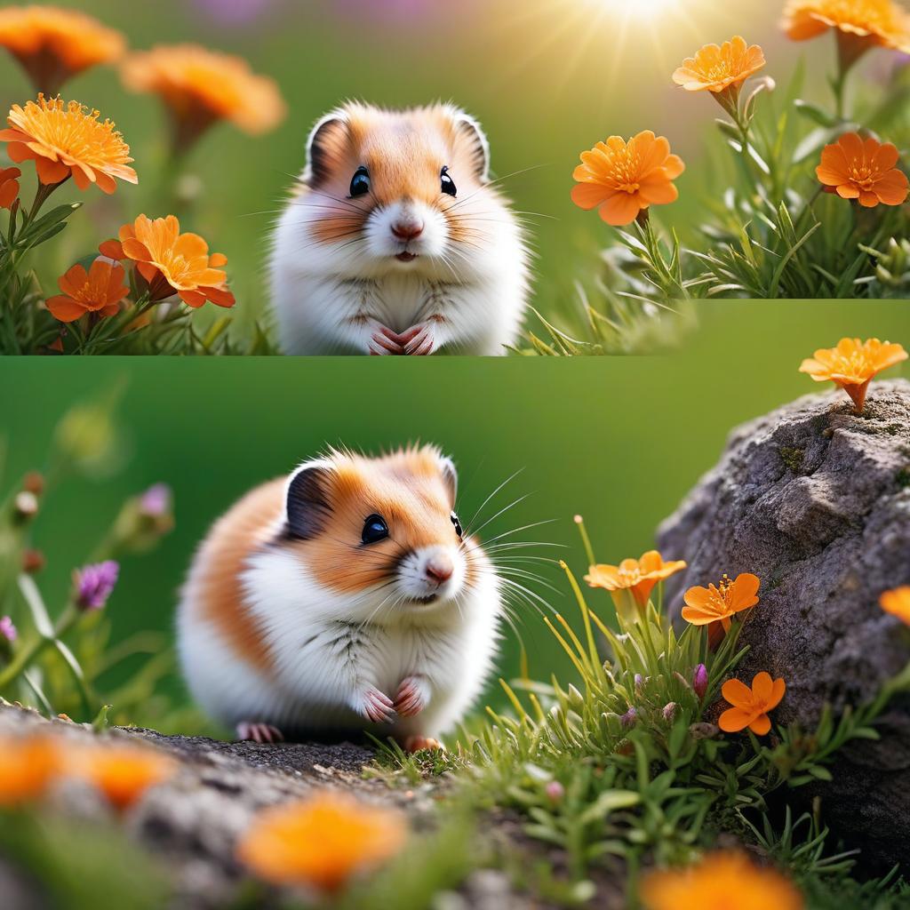  two funny cute lemming close up, green grass, small orange and purple flowers, sunny day, photography hyperrealistic, full body, detailed clothing, highly detailed, cinematic lighting, stunningly beautiful, intricate, sharp focus, f/1. 8, 85mm, (centered image composition), (professionally color graded), ((bright soft diffused light)), volumetric fog, trending on instagram, trending on tumblr, HDR 4K, 8K