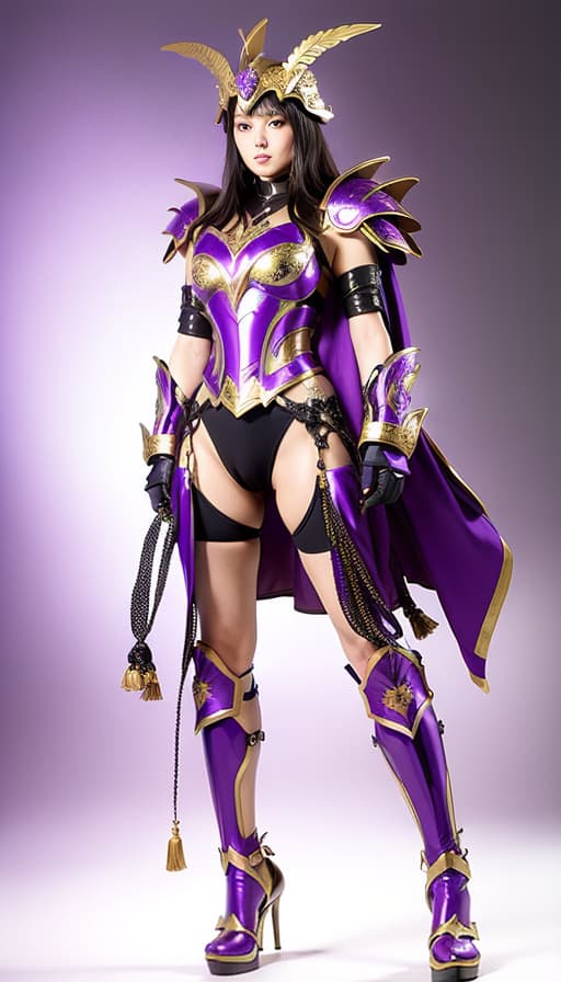  The purple underworld warrior armor in the Japanese anime "Saint Seiya" has a purple metallic luster, covering the helmet with only a beautiful face. The golden hair slopes down like a waterfall from behind the helmet, and there are a pair of huge purple metal antelope horns and exquisite carvings on the left and right sides of the helmet. The huge shoulder armor extends outward, with a multi level structure and exquisite pattern structures on the edges. The purple metal trunk armor structure is very special, with exquisite pattern design. The arms and palms are covered with purple metal armor and gorgeous decorative carvings. The thighs and toes are covered with purple metal armor, and the heel position has an exaggerated design of high he