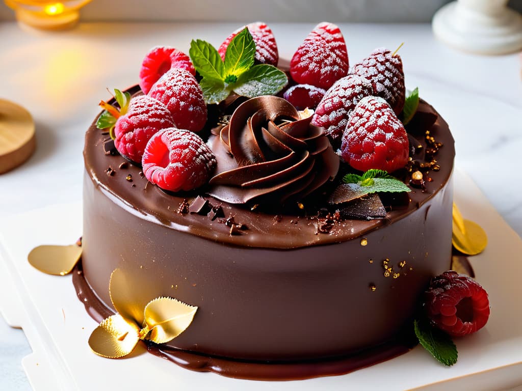  A closeup, photorealistic image of a decadent Belgian chocolate cake, adorned with intricate chocolate shavings and gold leaf, set on a glossy marble platter. The cake is beautifully lit to highlight its rich, velvety texture and the luxurious sheen of the chocolate glaze. Surrounding the cake are fresh raspberries and mint leaves, adding a pop of color to the elegant dessert presentation. The background is softly blurred to keep the focus on the exquisite details of the dessert. hyperrealistic, full body, detailed clothing, highly detailed, cinematic lighting, stunningly beautiful, intricate, sharp focus, f/1. 8, 85mm, (centered image composition), (professionally color graded), ((bright soft diffused light)), volumetric fog, trending on instagram, trending on tumblr, HDR 4K, 8K