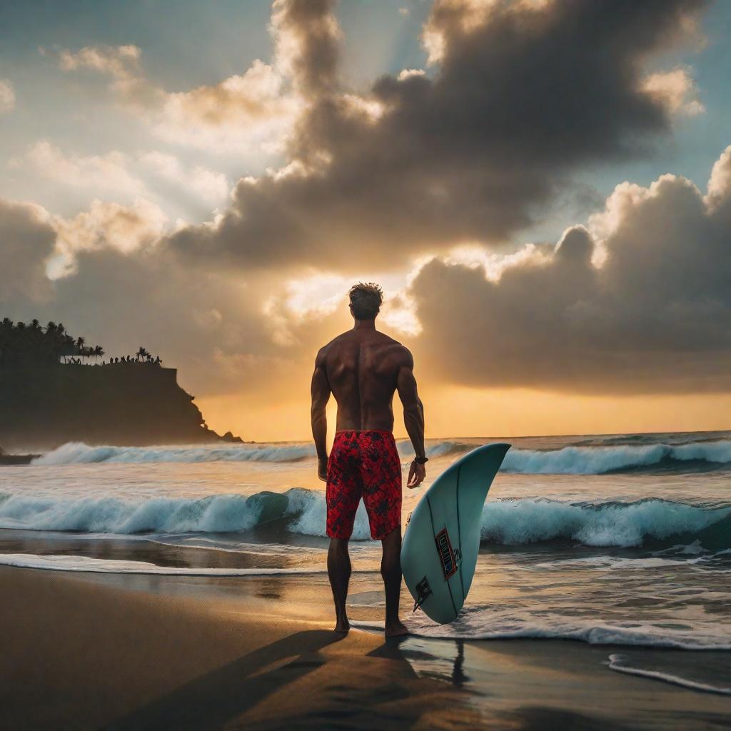  surfer bro staring into the sunset in bali ready to go surf surround by beautiful women and men (my my lady fans of course) hyperrealistic, full body, detailed clothing, highly detailed, cinematic lighting, stunningly beautiful, intricate, sharp focus, f/1. 8, 85mm, (centered image composition), (professionally color graded), ((bright soft diffused light)), volumetric fog, trending on instagram, trending on tumblr, HDR 4K, 8K