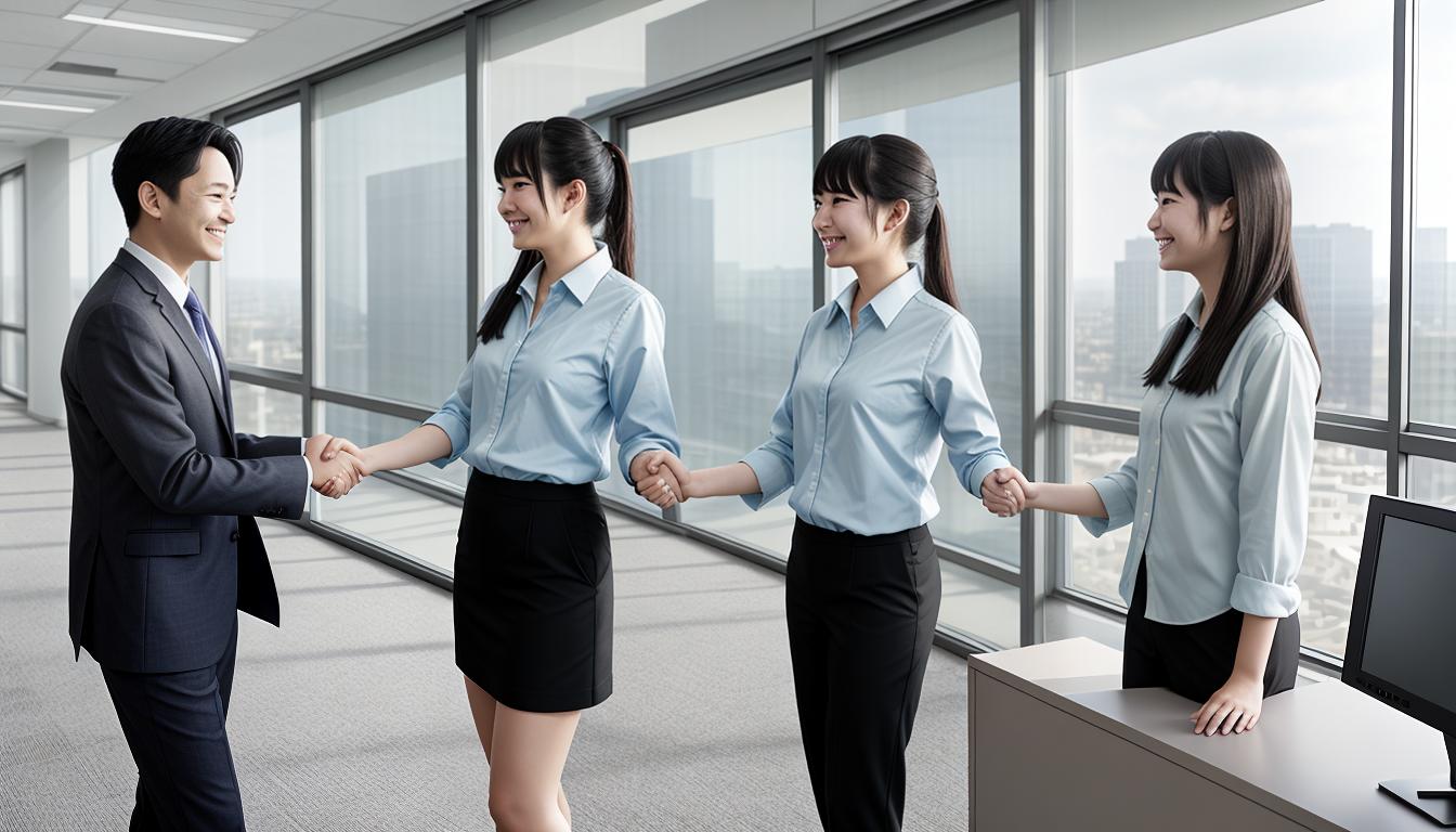  anime aesthetics, surrealtwo colleagues shaking hands, satisfied expressions, bright office space, natural light, mood of mutual respect, hint of future benefitsbest quality, masterpiece, colorful, highest detailed