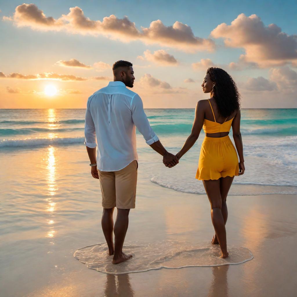  A Bahamian couple on a beach, looking at the sunset. They are holding hands, standing at the water's edge, with the sun casting a warm glow on their faces. The scene is peaceful, with a few clouds in the sky enhancing the beauty of the moment. hyperrealistic, full body, detailed clothing, highly detailed, cinematic lighting, stunningly beautiful, intricate, sharp focus, f/1. 8, 85mm, (centered image composition), (professionally color graded), ((bright soft diffused light)), volumetric fog, trending on instagram, trending on tumblr, HDR 4K, 8K