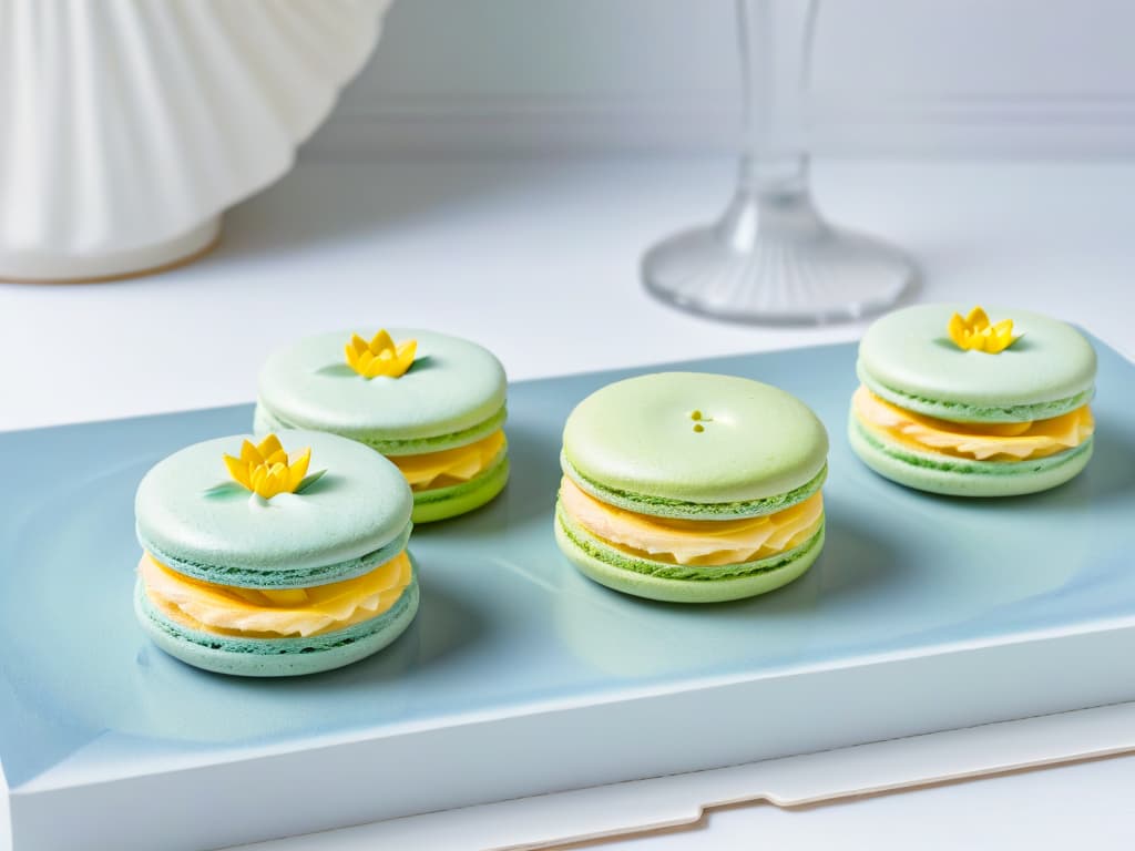  An ultradetailed closeup photograph of a delicate, pastelhued macaron with a glossy finish, showcasing intricate brushstrokelike details on its surface reminiscent of Monet's iconic water lilies. The soft, natural lighting highlights the subtle texture of the dessert, with a subtle reflection adding a touch of elegance. hyperrealistic, full body, detailed clothing, highly detailed, cinematic lighting, stunningly beautiful, intricate, sharp focus, f/1. 8, 85mm, (centered image composition), (professionally color graded), ((bright soft diffused light)), volumetric fog, trending on instagram, trending on tumblr, HDR 4K, 8K