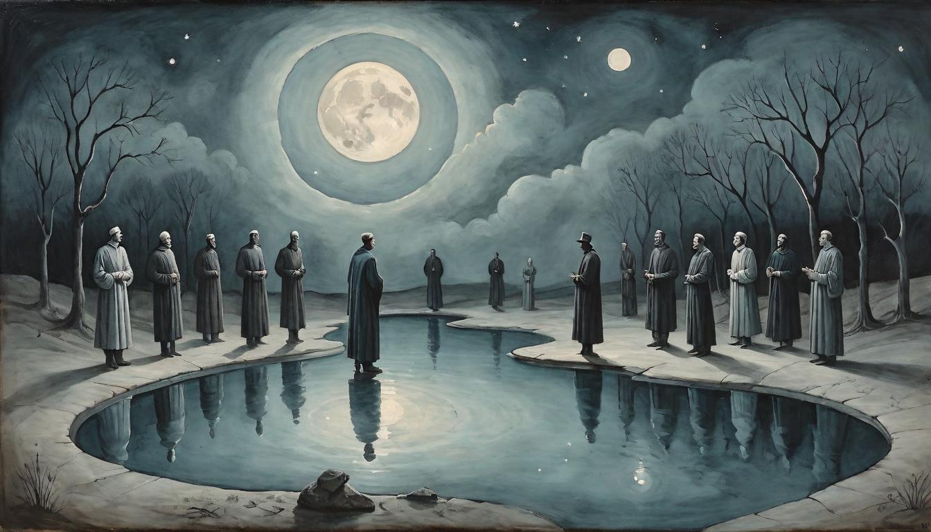  on parchment, surrealism+++, A reflective pool under a moonlit sky, surrounded by shadowy figures in various postures of conversation and solitude. Abstract forms, muted colors, introspective, eerie silence, enigmatic figures captured in mid gesture, whispers in the wind, a subtle aura of unease.(mysterious, provocative, symbolic,muted color)+++