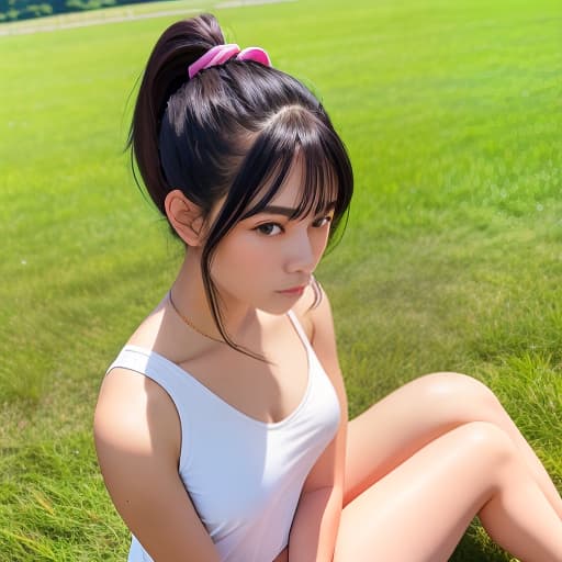  best quality, 1girl,  black hair, ponytail, hair pulled back, brown eyes, large,, outdoors, field, grass, sitting with wide open