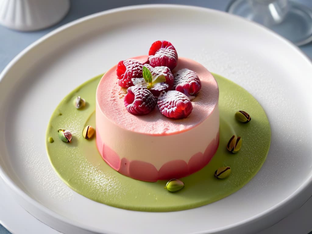  A closeup, ultradetailed image of a single, perfectly executed mousse dessert on a pristine white plate. The mousse is delicately garnished with a single, vibrant raspberry and a sprinkling of finely chopped pistachios, all set against a minimalist, monochromatic backdrop. The lighting is soft, casting gentle shadows that accentuate the smooth texture of the dessert, emphasizing the beauty of simplicity in pastry design. hyperrealistic, full body, detailed clothing, highly detailed, cinematic lighting, stunningly beautiful, intricate, sharp focus, f/1. 8, 85mm, (centered image composition), (professionally color graded), ((bright soft diffused light)), volumetric fog, trending on instagram, trending on tumblr, HDR 4K, 8K