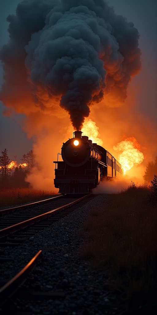  good quality, high quality, a steam train speeds through a dark, fiery landscape at night, with intense smoke and fire illuminating the surroundings. the image creates a thrilling and intense atmosphere, evoking adventure and