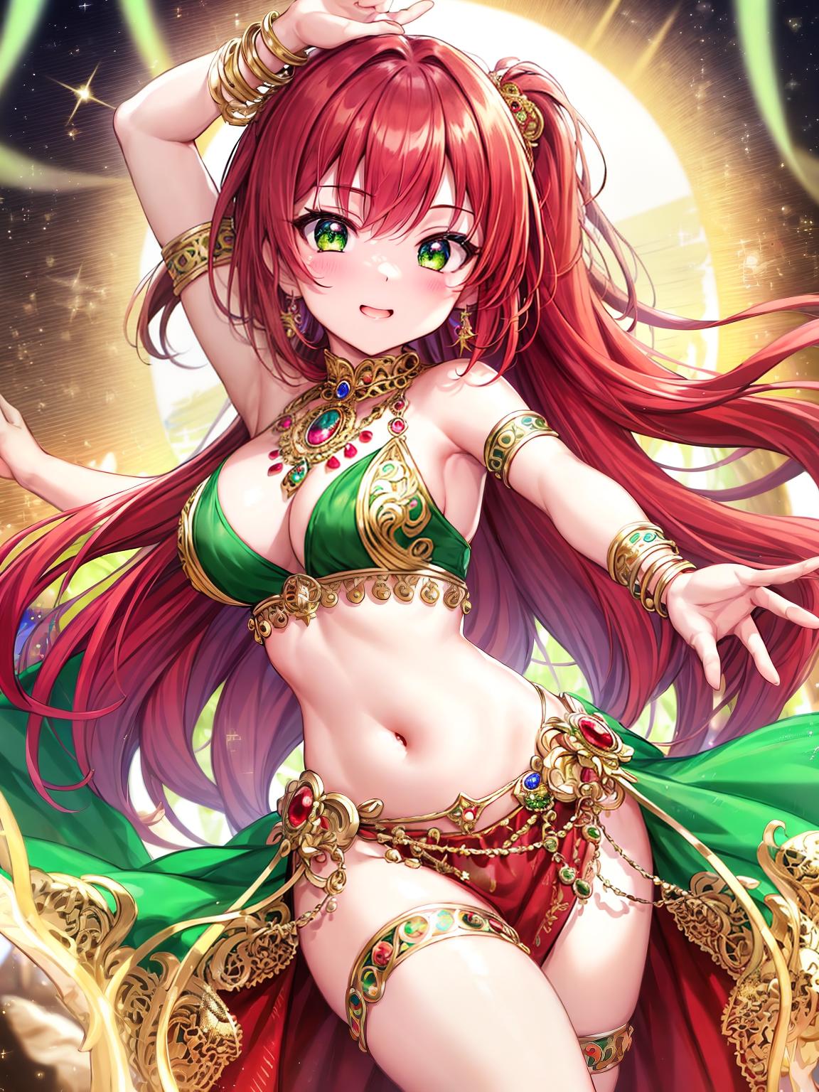  master piece, best quality, ultra detailed, highres, 4k.8k, Chibi character., Posing for a bust shot., Cute face with green eyes., BREAK Red haired dancer in Arabian costume., Dance stage., Belly dancer costume, veils, and ornate jewelry., BREAK Joyful and energetic., Soft lighting, vibrant colors, and whimsical sparkles.,
