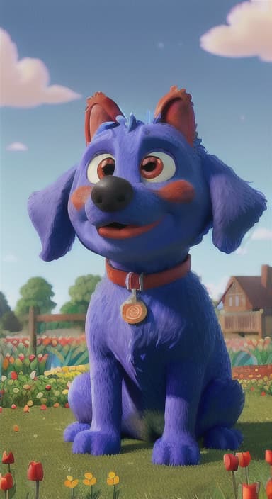  {The red ball nestled in a bed of colorful flowers like daisies and tulips, The big blue dog is large with sky blue fur, big round eyes, a black nose, and floppy ears.