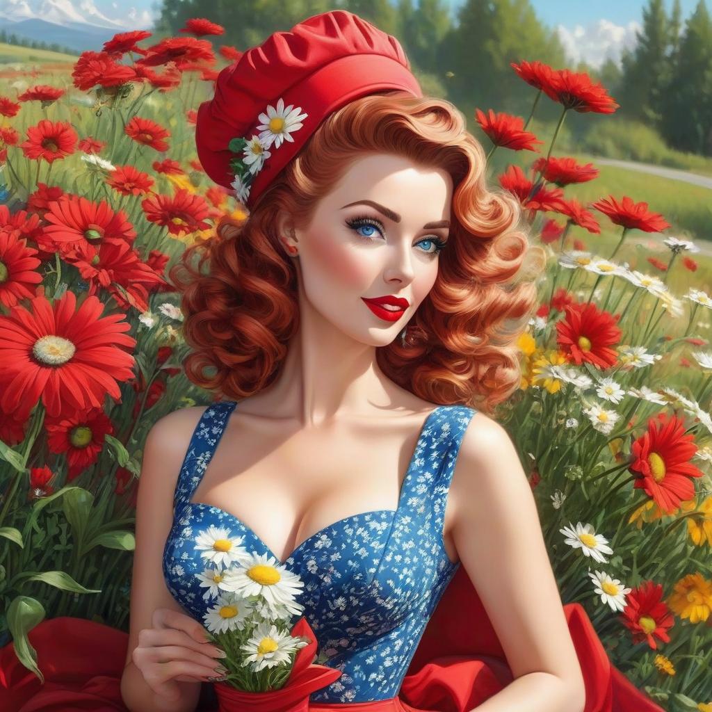  Very pretty with curls, blue eyes, red potted dress, dress. Red hat. All in pinup style. The has a cheerful look, in her hand a bouquet of field daisies. Brightly colored lipstick. Detailed elaboration, detailed drawing, careful and detailed elaboration of all parts of the masterpiece. It's like a living thing, realism. Dusty busy road. Soviet entourage. Alfonso Mucha, Honoré Fargonard. hyperrealistic, full body, detailed clothing, highly detailed, cinematic lighting, stunningly beautiful, intricate, sharp focus, f/1. 8, 85mm, (centered image composition), (professionally color graded), ((bright soft diffused light)), volumetric fog, trending on instagram, trending on tumblr, HDR 4K, 8K