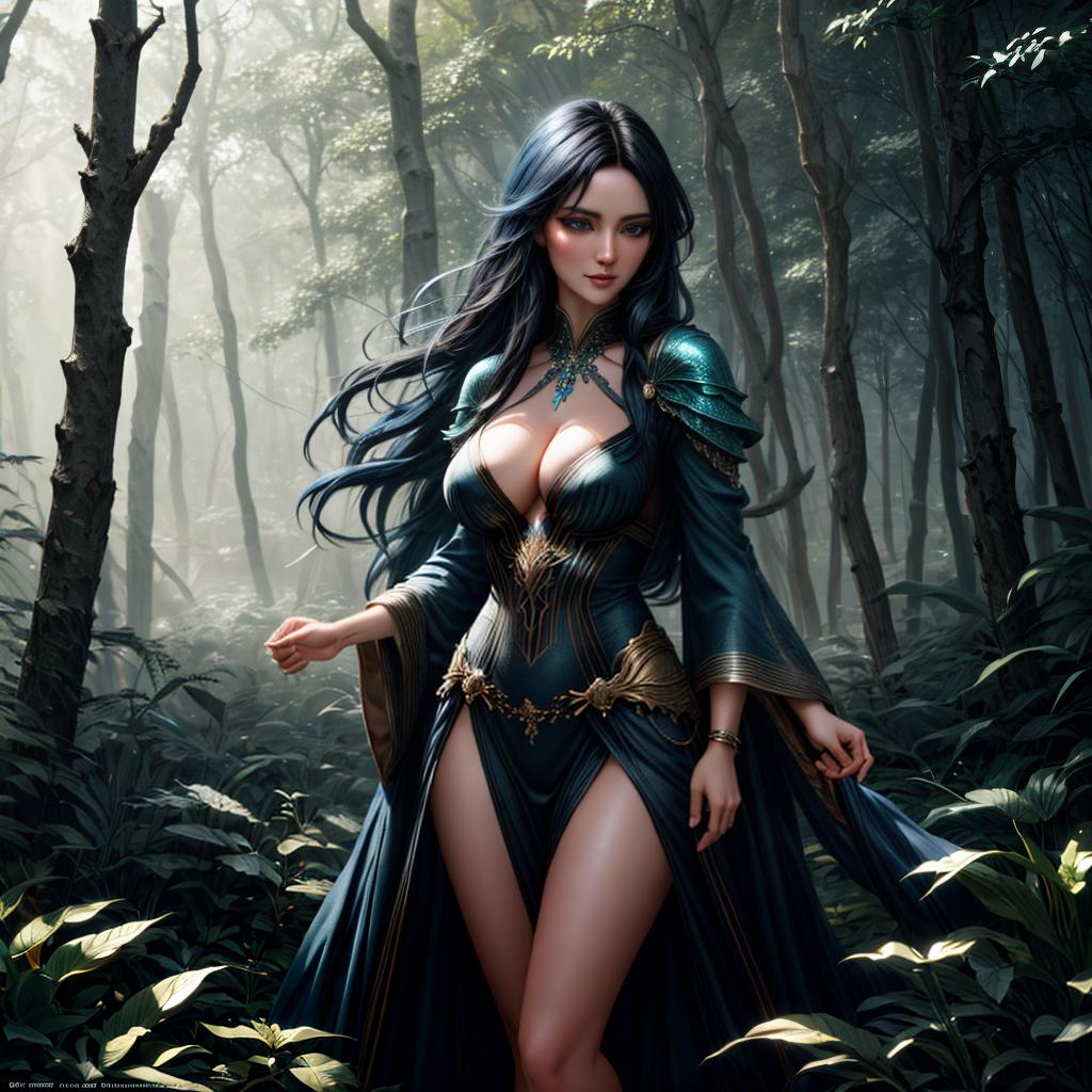  Girl with long black hair and blue eyes dancing in a mystical forest, detailed character design, realistic shading, 8k resolution, cinematic lighting, digital painting by Loish and Sakimichan, artstation, fantasy, enchanting atmosphere hyperrealistic, full body, detailed clothing, highly detailed, cinematic lighting, stunningly beautiful, intricate, sharp focus, f/1. 8, 85mm, (centered image composition), (professionally color graded), ((bright soft diffused light)), volumetric fog, trending on instagram, trending on tumblr, HDR 4K, 8K