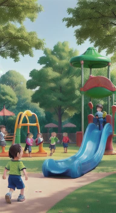  {Children playing in a sunny park with swings and slides., Same group of happy children, now wearing casual play clothes.