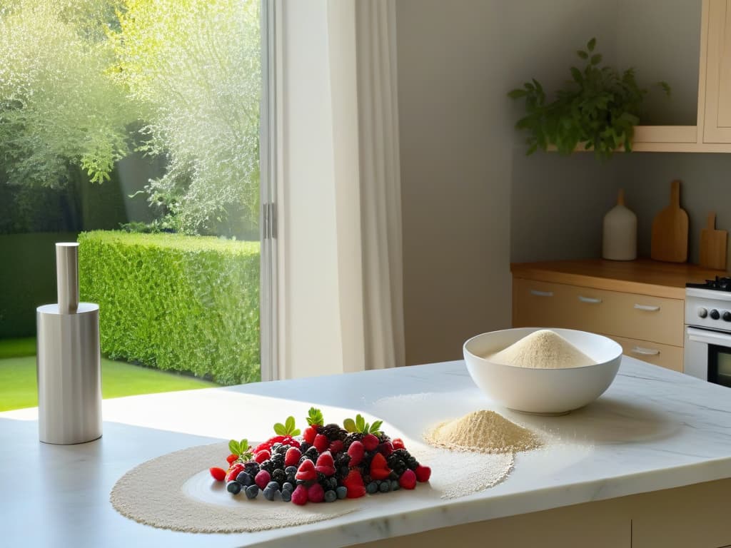  An ultradetailed image of a serene kitchen retreat, featuring a sleek marble countertop with scattered flour dust, a rolling pin, and a mixing bowl filled with vibrant berries. A soft glow from a pendant light above illuminates the scene, casting gentle shadows that highlight the intricate patterns of the countertop. The background shows a glimpse of a lush garden through a window, adding a touch of nature to the minimalistic yet inviting space. hyperrealistic, full body, detailed clothing, highly detailed, cinematic lighting, stunningly beautiful, intricate, sharp focus, f/1. 8, 85mm, (centered image composition), (professionally color graded), ((bright soft diffused light)), volumetric fog, trending on instagram, trending on tumblr, HDR 4K, 8K