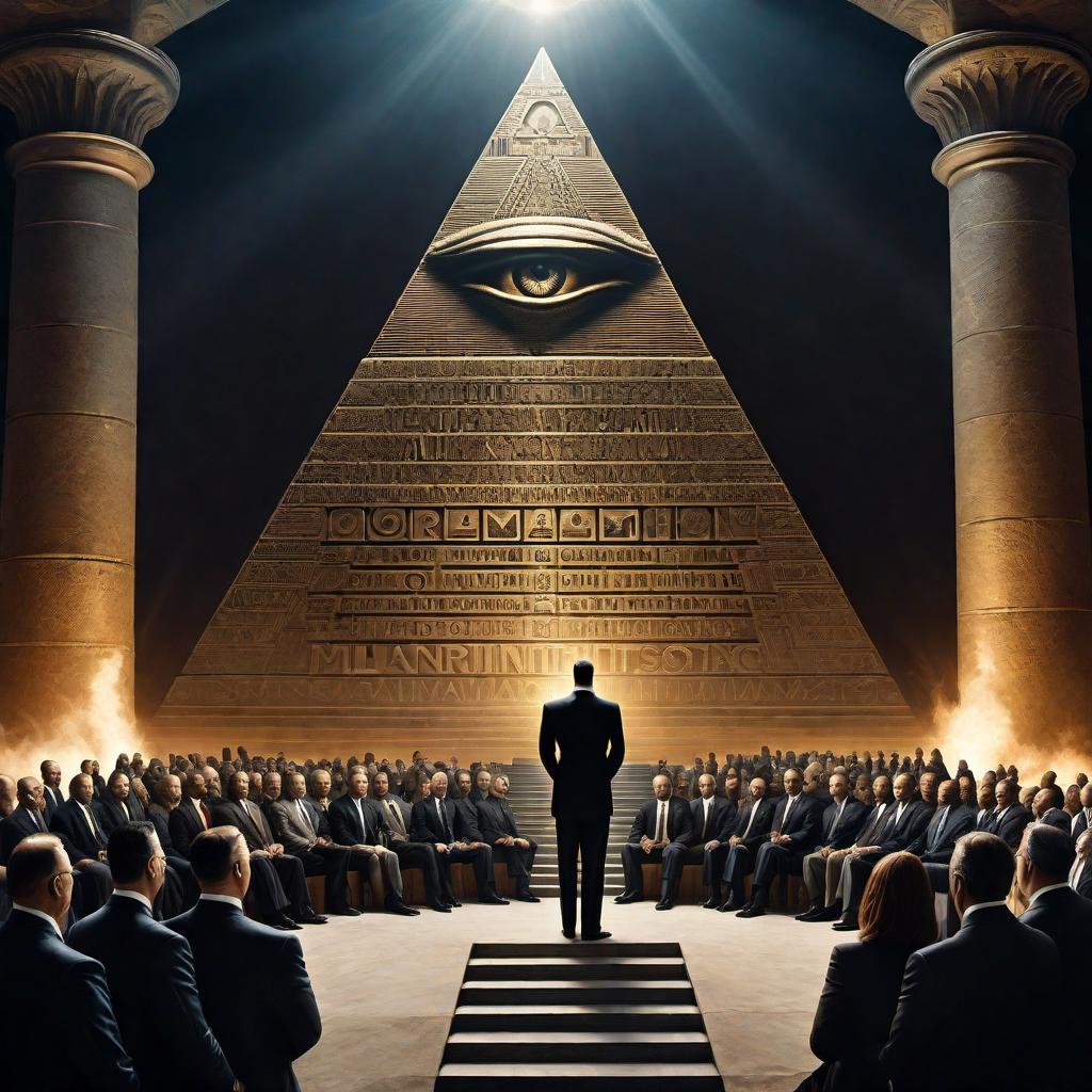  A stylized artistic representation of what might be imagined as the secrets of the Illuminati. The image should convey a sense of mystery and conspiracy, possibly with iconic symbols such as the pyramid with an all-seeing eye, shadowy figures in a meeting, and cryptic codes or texts that are associated with the Illuminati lore. hyperrealistic, full body, detailed clothing, highly detailed, cinematic lighting, stunningly beautiful, intricate, sharp focus, f/1. 8, 85mm, (centered image composition), (professionally color graded), ((bright soft diffused light)), volumetric fog, trending on instagram, trending on tumblr, HDR 4K, 8K