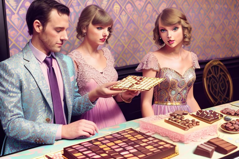  Beautiful Taylor Swift and boyfriend gazing down (lace multi colored pastel dress, men’s blue business suit)(pink cheeks)(dark shadowed lighting)(Superrealism)(Foreground: open small box of fine dark chocolates on a small serving table)(Background artdeco with gold scrollwork)