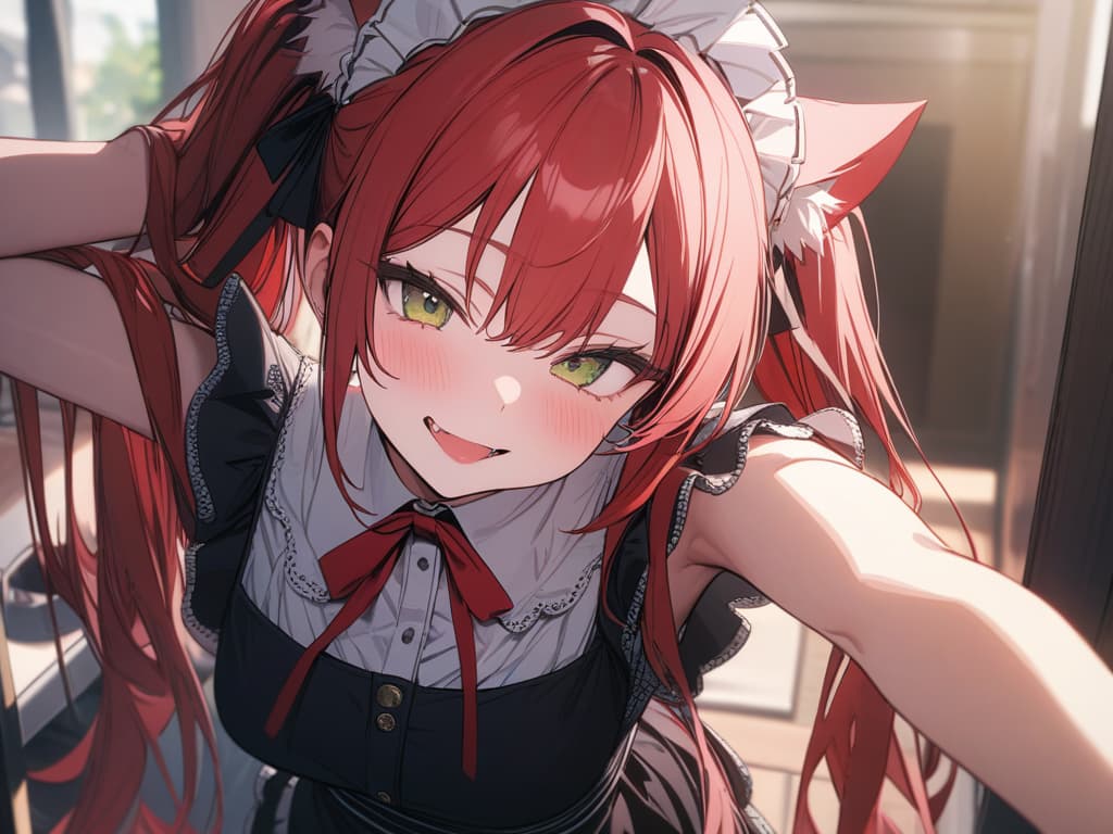  Cat ears, red hair, hanging, twin tails, green, tongue, red, double teeth, wink, maid clothes, masterpiece, best quality,8k,ultra detailed,high resolution,an extremely delicate and beautiful,hyper detail