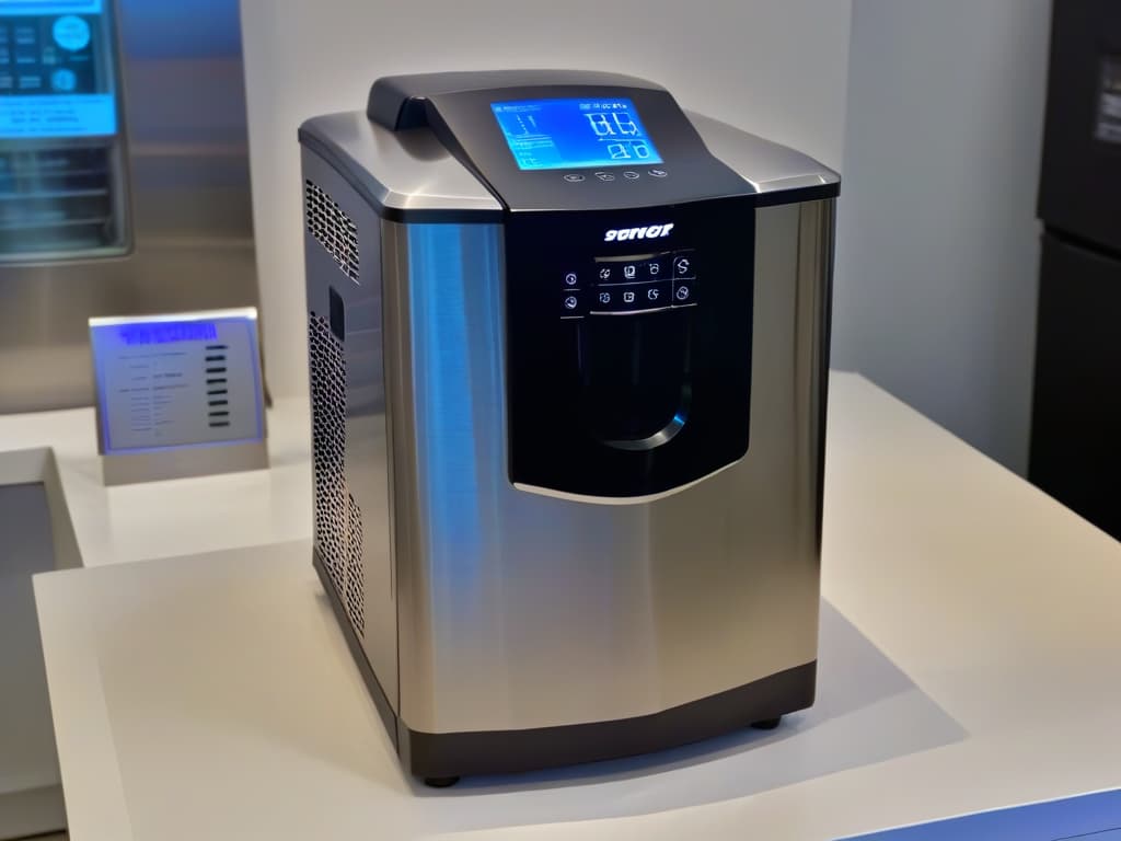  A closeup, ultradetailed image of a sleek, modern stainless steel ice cream maker, featuring a digital display and intricate control buttons, set against a soft, blurred background to emphasize its elegant design and advanced technology. hyperrealistic, full body, detailed clothing, highly detailed, cinematic lighting, stunningly beautiful, intricate, sharp focus, f/1. 8, 85mm, (centered image composition), (professionally color graded), ((bright soft diffused light)), volumetric fog, trending on instagram, trending on tumblr, HDR 4K, 8K