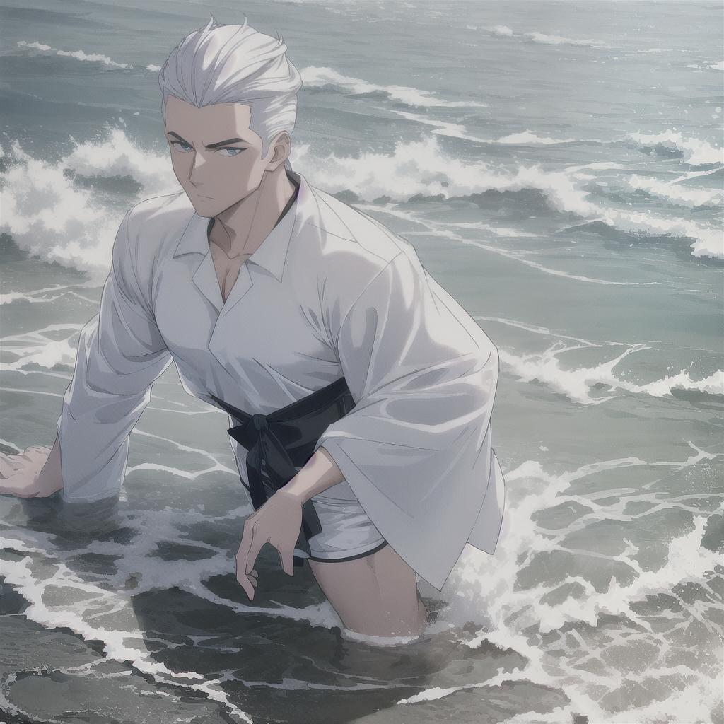  (masterpiece, best quality, anime cartoon man), (caucasian ethnicity, pale skin), young, wide body, blue eyes, slicked back hair, white hair, swimming shorts clothing, at the beach hyperrealistic, full body, detailed clothing, highly detailed, cinematic lighting, stunningly beautiful, intricate, sharp focus, f/1. 8, 85mm, (centered image composition), (professionally color graded), ((bright soft diffused light)), volumetric fog, trending on instagram, trending on tumblr, HDR 4K, 8K