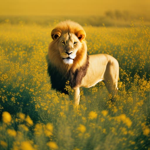 analog style A golden lion in a field of flowers with yellow eyes