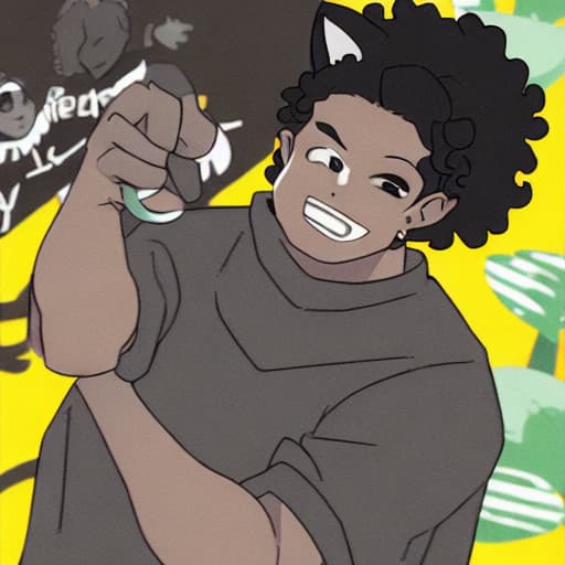  a black man, black eyes, short curly hair, black wolf ears and tail.