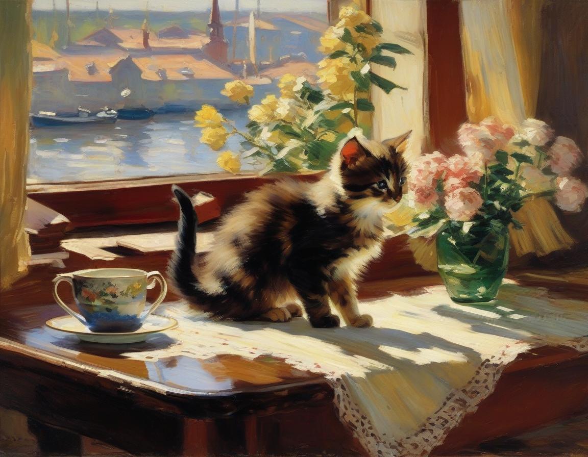  A kitten catches a butterfly on a table, impressionism, Constantin Korovin. The table: wooden, with a brown surface, covered with a tablecloth with lace, on the table there is a coffee cup. Background: Windowsill with sills. On the sills, indoor plants. Outside the window a summer landscape and a river. Lighting: warm morning, coming in through the window, illuminating the vase, jar and fruits. hyperrealistic, full body, detailed clothing, highly detailed, cinematic lighting, stunningly beautiful, intricate, sharp focus, f/1. 8, 85mm, (centered image composition), (professionally color graded), ((bright soft diffused light)), volumetric fog, trending on instagram, trending on tumblr, HDR 4K, 8K