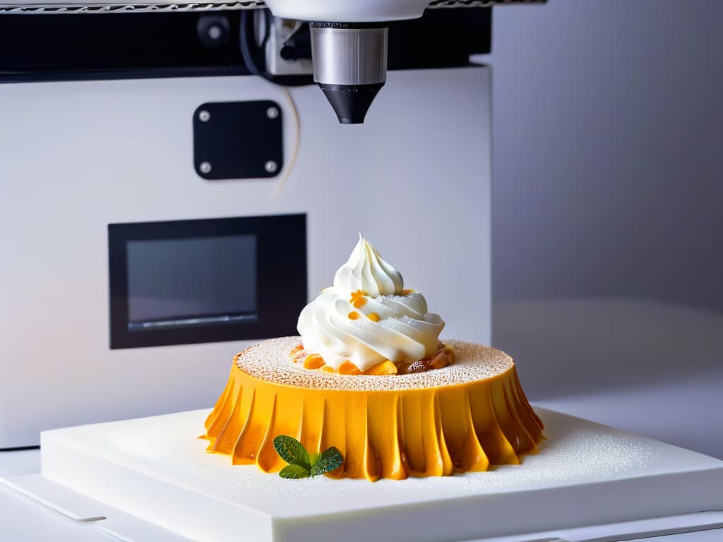  A closeup, highly detailed image of a sleek 3D printer in action, meticulously crafting a delicate and intricate dessert design. The printer's nozzle moves with precision, depositing layers of edible ingredients to form a beautiful and futuristic dessert creation. The background is blurred to emphasize the focus on the cuttingedge technology and artistry of 3D printed desserts. hyperrealistic, full body, detailed clothing, highly detailed, cinematic lighting, stunningly beautiful, intricate, sharp focus, f/1. 8, 85mm, (centered image composition), (professionally color graded), ((bright soft diffused light)), volumetric fog, trending on instagram, trending on tumblr, HDR 4K, 8K