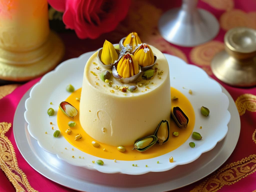  An ultradetailed image of a traditional Indian kulfi dessert displayed on a vibrant, ornate silver platter. The kulfi is garnished with crushed pistachios, saffron strands, and rose petals, set against a backdrop of intricate Indian patterns and vibrant colors. The dessert is surrounded by traditional Indian spices like cardamom pods and cinnamon sticks, creating a visually stunning and mouthwatering scene that perfectly captures the essence of this beloved Indian treat. hyperrealistic, full body, detailed clothing, highly detailed, cinematic lighting, stunningly beautiful, intricate, sharp focus, f/1. 8, 85mm, (centered image composition), (professionally color graded), ((bright soft diffused light)), volumetric fog, trending on instagram, trending on tumblr, HDR 4K, 8K