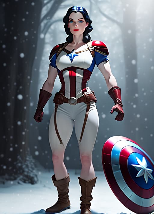  Create a photorealistic full-body image of Snow White, maintaining her original clothing, but altering her body frame to resemble Captain America's male physique. Ensure the transformation is seamless and realistic, blending Snow White's classic attire with the muscular build of Captain America. Capture the essence of both characters in a single cohesive image.