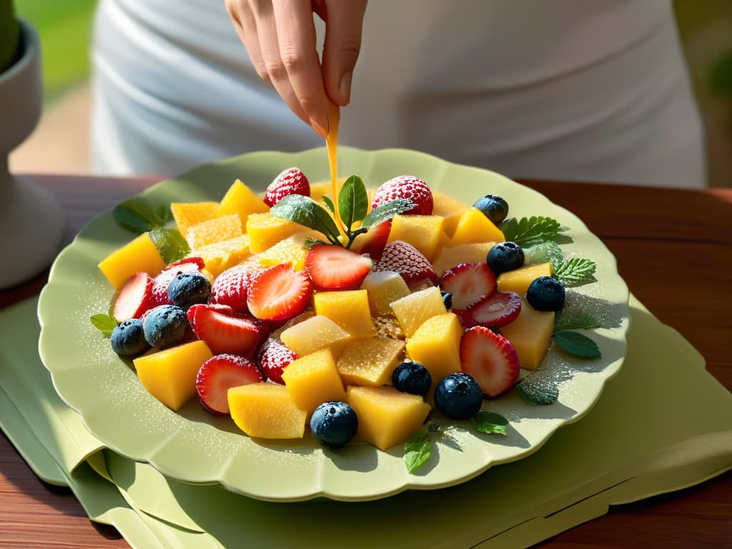  A closeup, ultradetailed image of a hand sprinkling finely grated ginger onto a vibrant and colorful fruit salad. The ginger strands glisten in the sunlight, showcasing their texture and aroma, while the fruits appear fresh and appetizing, creating a visually striking contrast. The composition is elegant and minimalistic, focusing on the beauty and simplicity of the ingredients to evoke a sense of freshness and culinary inspiration. hyperrealistic, full body, detailed clothing, highly detailed, cinematic lighting, stunningly beautiful, intricate, sharp focus, f/1. 8, 85mm, (centered image composition), (professionally color graded), ((bright soft diffused light)), volumetric fog, trending on instagram, trending on tumblr, HDR 4K, 8K