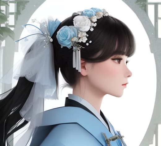  masterpiece, best quality,(fidelity: 1.4), best quality, masterpiece, super high resolution, poster, fantasy art, very detailed face, 8k resolution, chinese style, a woman, side profile, quiet, light blue hanfu, tulle coat, long black hair, light blue tassels hair accessory, hair clip, white ribbon, white flower bush, light blue butterfly fly, movie lighting effect