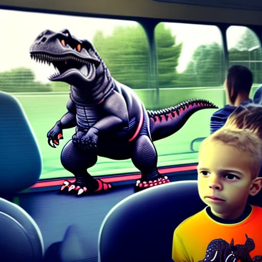 estilovintedois Mario Balotelli whit a t-rex in a scuolabus