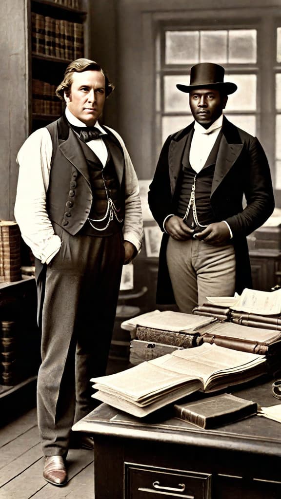  (An image prompt for Stable Diffusion depicting two well dressed, affluent looking men in the 1800s, likely Isaac Franklin and John Armfield, standing in what appears to be an office or trading post setting, surrounded by ledgers, contracts, and other accoutrements of their slave trading business. The men have stern, almost cruel expressions on their faces, conveying their status as ruthless and wealthy slave traders during that period.) hyperrealistic, full body, detailed clothing, highly detailed, cinematic lighting, stunningly beautiful, intricate, sharp focus, f/1. 8, 85mm, (centered image composition), (professionally color graded), ((bright soft diffused light)), volumetric fog, trending on instagram, trending on tumblr, HDR 4K, 8K