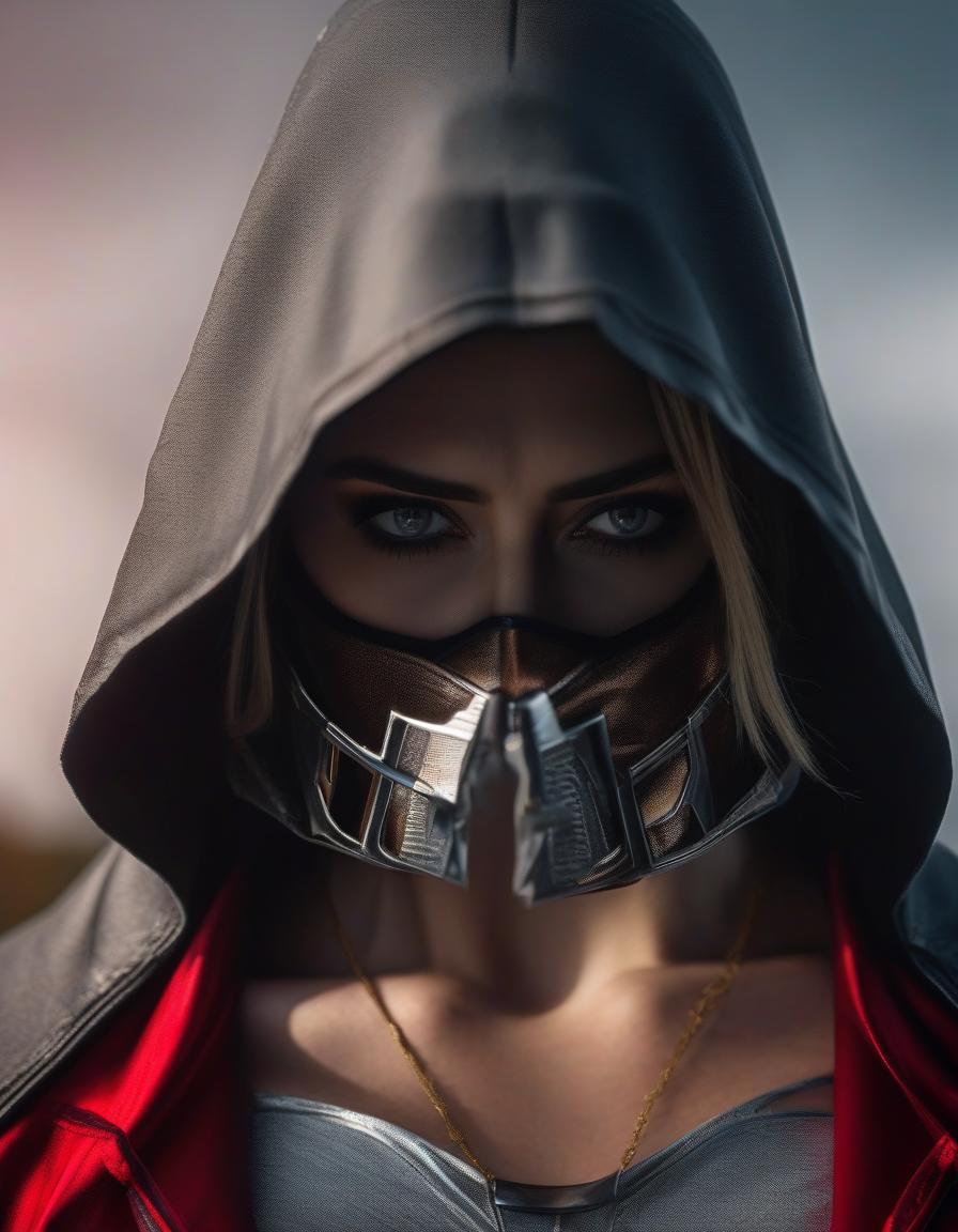  cinematic film still A girl in a hood, a knife near her face, reflection of a person in the mask on the blade, the face of the girl is not visible, but there's a small red lock of hair seen from under the hood, realistic, 4k. . shallow depth of field, vignette, highly detailed, high budget, bokeh, cinemascope, moody, epic, gorgeous, film grain, grainy hyperrealistic, full body, detailed clothing, highly detailed, cinematic lighting, stunningly beautiful, intricate, sharp focus, f/1. 8, 85mm, (centered image composition), (professionally color graded), ((bright soft diffused light)), volumetric fog, trending on instagram, trending on tumblr, HDR 4K, 8K