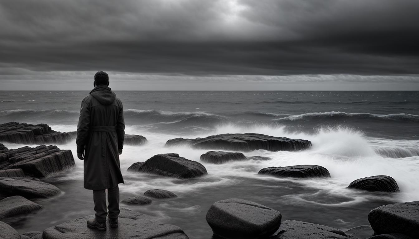  cinematic, aesthetic, A lone figure, sketched in grayscale, standing on a rocky shore with back turned to the turbulent sea, hands in pockets, wind blowing through hair, yearning for peace, solitude in struggle, 4k, HDR, lens flare