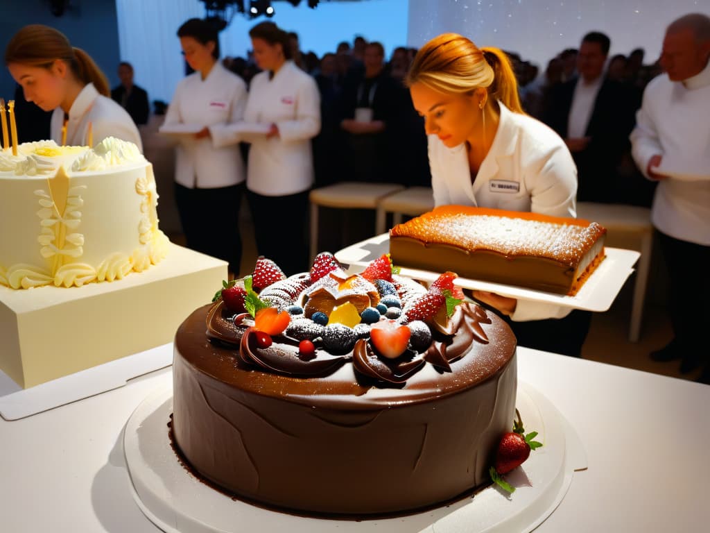  A photorealistic image of a professional photographer capturing a beautifully decorated cake at a baking competition. The photographer is crouched down, focusing intently on the intricate details of the dessert, with soft natural light illuminating the scene and creating a warm, inviting atmosphere. The background features other contestants bustling about, adding a sense of excitement and competition to the image. hyperrealistic, full body, detailed clothing, highly detailed, cinematic lighting, stunningly beautiful, intricate, sharp focus, f/1. 8, 85mm, (centered image composition), (professionally color graded), ((bright soft diffused light)), volumetric fog, trending on instagram, trending on tumblr, HDR 4K, 8K