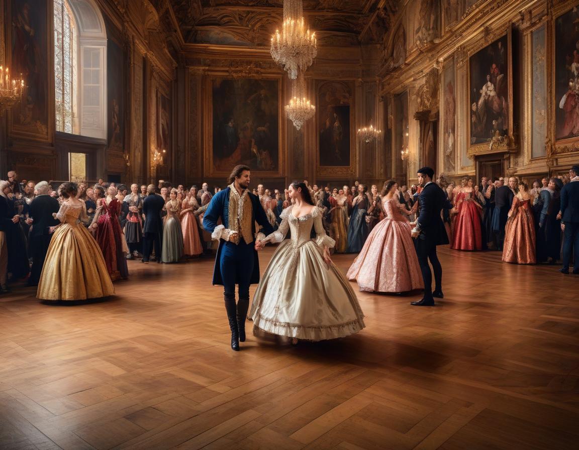  A young perky couple moves in a fast dance, in Baroque and Renaissance clothes on the parquet of a large hall with high ceilings, a man circles his partner, taking her in his arms. Around the guests are chatting and admiring this couple. The focus is on the couple's faces and hands. hyperrealistic, full body, detailed clothing, highly detailed, cinematic lighting, stunningly beautiful, intricate, sharp focus, f/1. 8, 85mm, (centered image composition), (professionally color graded), ((bright soft diffused light)), volumetric fog, trending on instagram, trending on tumblr, HDR 4K, 8K