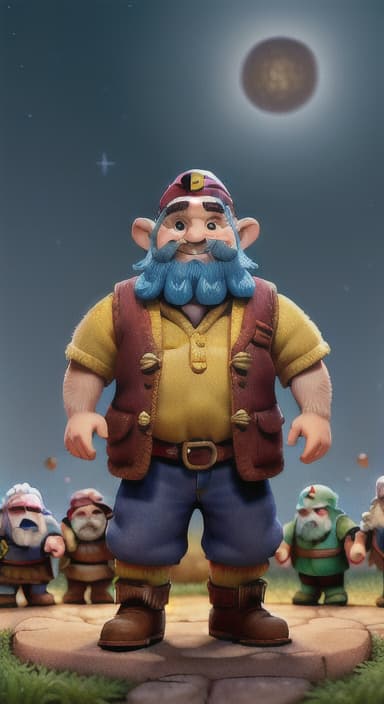  {Dwarves dancing in a circle under a starry sky, with some playing music and others holding hands and skipping joyfully., Dwarves are short, with bushy beards and rosy cheeks. They wear colorful tunics, pointy hats, and sturdy boots. They have twinkling eyes and joyful smiles.