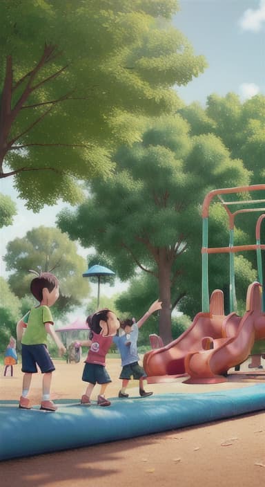  {Children playing in a sunny park with swings and slides., Same group of happy children, now wearing casual play clothes.