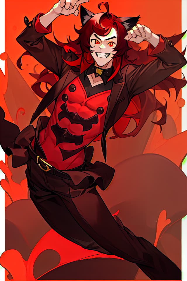  Dark red hair, cat ears, cut long eyes, double teeth, subculture, peaks, handsome, tall, grinning face, glad pose