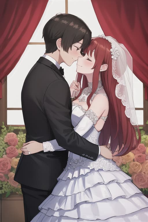  (Masterpiece, highest quality), (((red short -haired bride & bride with long hair))) 1.5, ((hugging face -to -face)), (kiss with fingers with fingers), (Connect CHEEK TO CHEEK) ), ((Wedding between brides, wedding dress)), smile