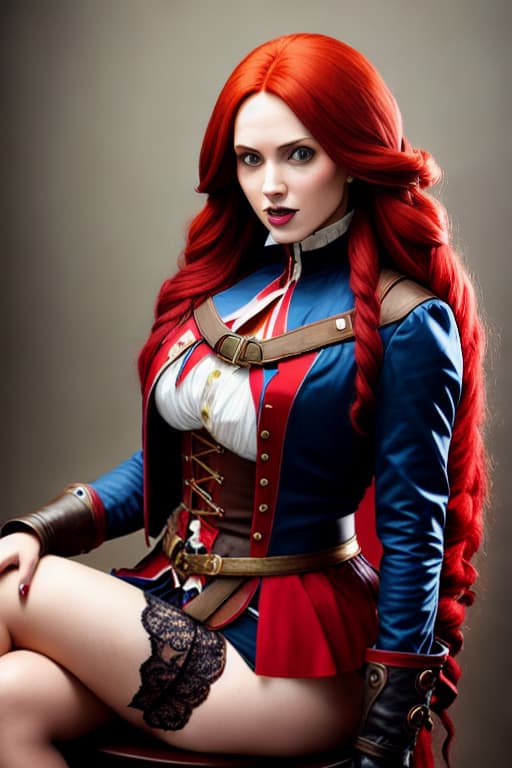 modelshoot style Elise from Assassin's Creed Unity with very long red hair and gigantic boobs and extremely thick thighs in a bondage and mouth gagged on a chair and blushing in fear and crying